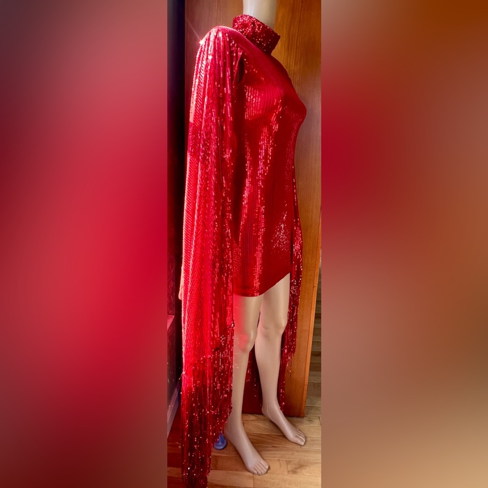 RICHARD DEMETER One Of A Kind Red Sequined Dress With Waterfall Sleeves Size XS - Picture 5 of 14